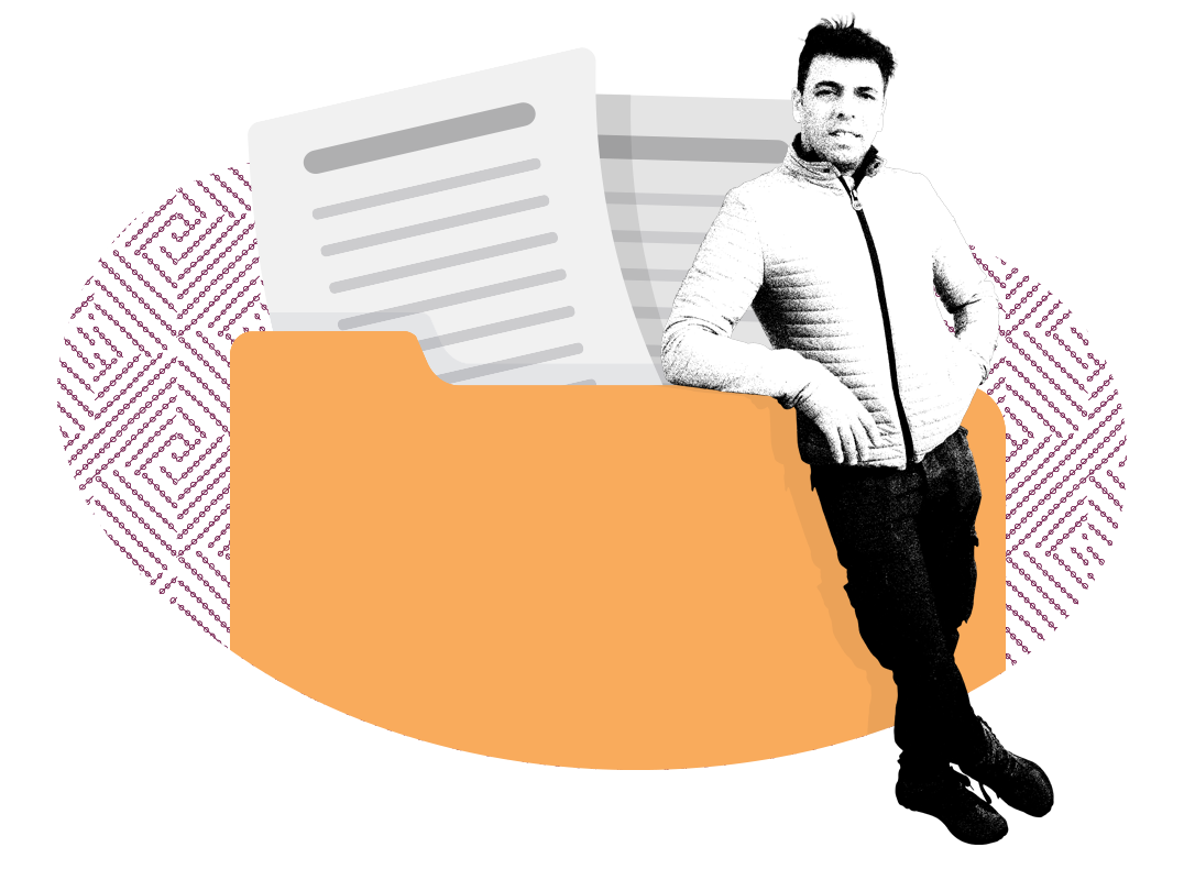 A picture of a person leaning on an illustration folder with papers.